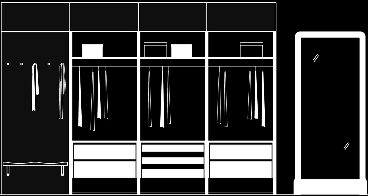 Line drawing of a dressing room wall with hanging clothes, drawers and a standing mirror
